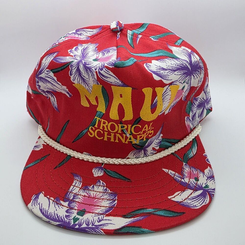 Vintage 80's San Sun Maui Tropical Schnapps Snapback‎ Hat Hawaiian Floral Rope